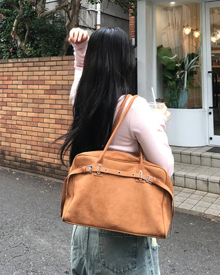 Suede belt buckle shoulder bag
