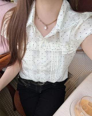 Polka Dot Pintuck Collar Blouse