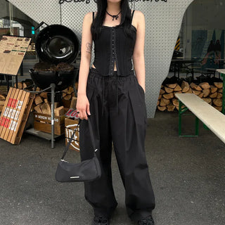 Unisex wide-leg elastic waist pants with two pleats