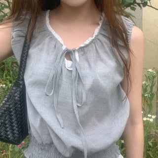 Shirred Ribbon Sleeveless Blouse