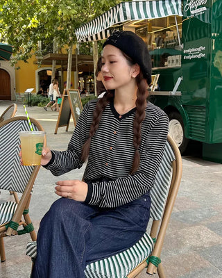 Striped round neck cardigan