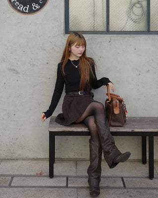 See-through frill neck long-sleeve T-shirt