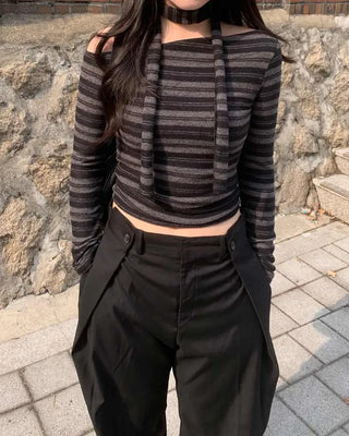 [Scarf Set] Striped Border Off-Shoulder T-Shirt