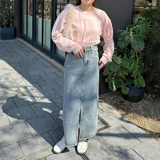 Slit Washed Denim Long Skirt
