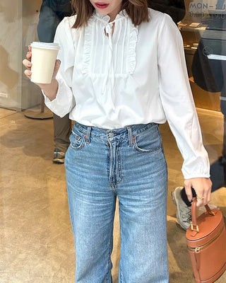 Frill neck ribbon blouse