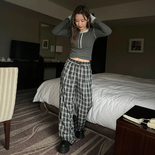 Checked wide banding pants