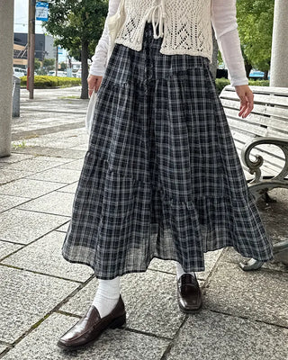 Checked Shirred Long Skirt