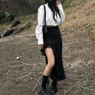 Frilled asymmetrical long skirt