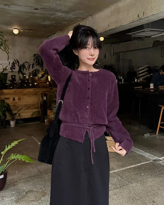 (4 colors) Ribbon Strap Fur Cardigan