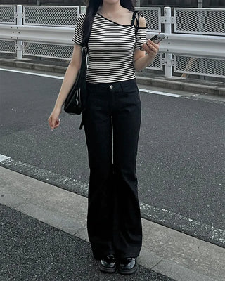 Striped one-shoulder short-sleeved T-shirt