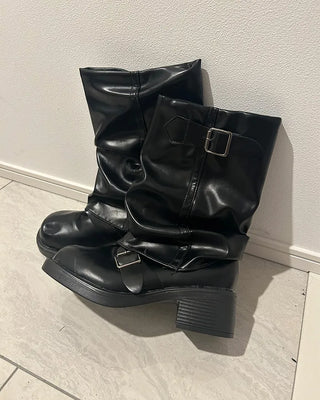 Buckle Point Leather Mid-Calf Boots