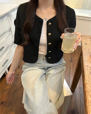 Heart gold button short-sleeved tweed jacket