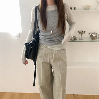 Ribbed sheer long-sleeve T-shirt