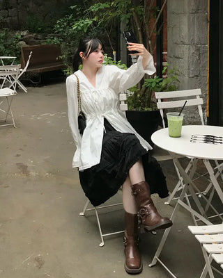Drawstring Long Puff Sleeve Blouse