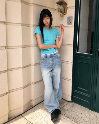 Double pocket wide denim pants