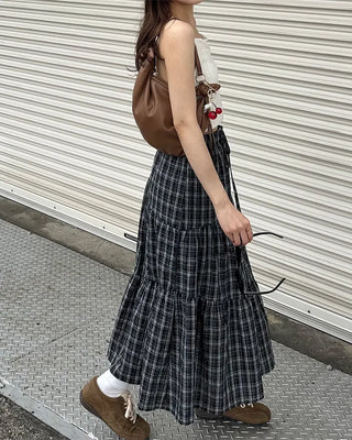 Checked frill long skirt