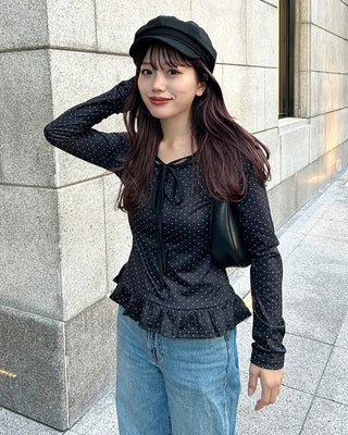 Ribbon Tie Dot Frill T-Shirt