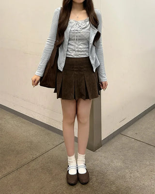 Check sleeveless cardigan set