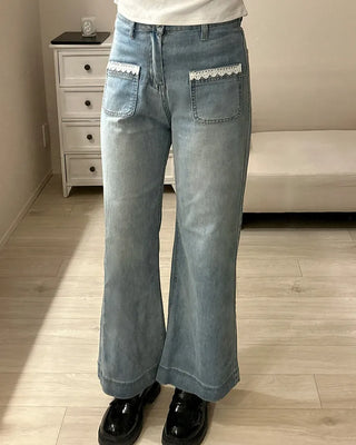 Lace pocket denim pants