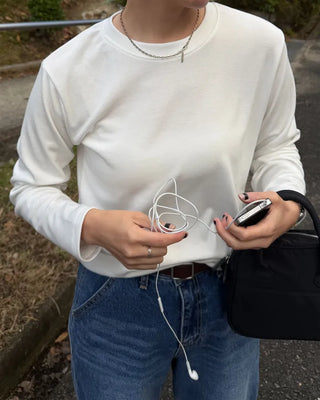 Simple brushed-back round neck long-sleeve T-shirt