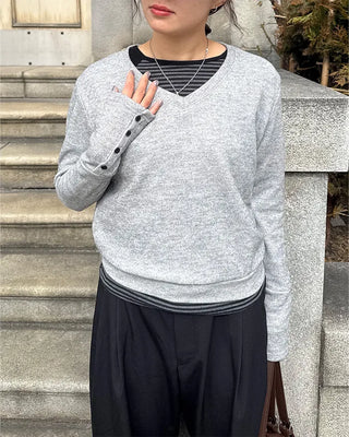 Sleeve Button V-Neck Long T-Shirt