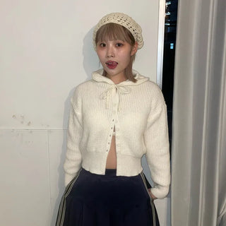 Cropped knit hoodie cardigan
