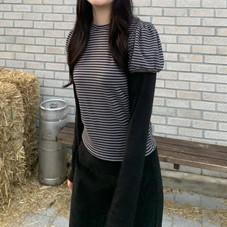 Layered double puff stripe T-shirt
