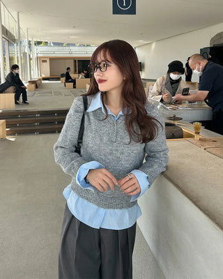 Shirt-layered loose-fit knit