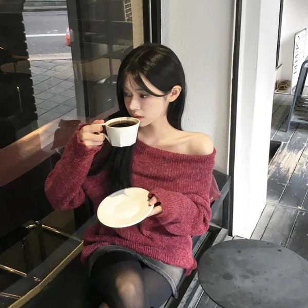 Distressed off-shoulder knit (4 colors)