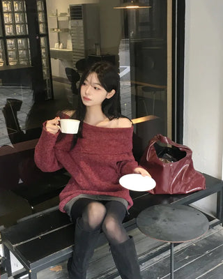 Distressed off-shoulder knit (4 colors)