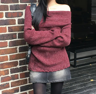 Distressed off-shoulder knit (4 colors)