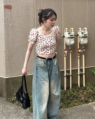 Flower Button Cropped T-Shirt