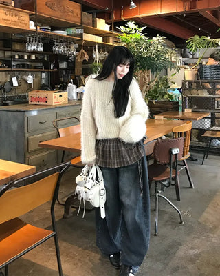 Boat neck cropped shaggy knit
