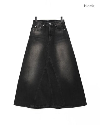 Stitched flared long denim skirt