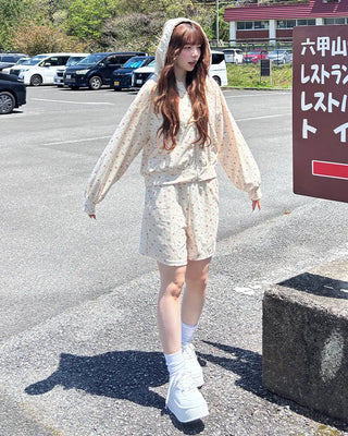 Flower zip hoodie & shorts set