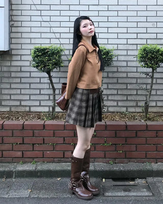 Square belt check pleated mini skirt