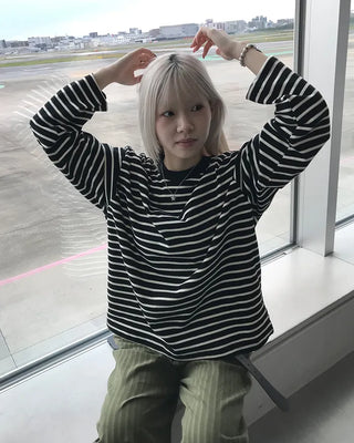 Round neck striped long-sleeve T-shirt