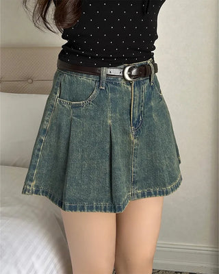 (Belt set) Denim pleated mini skirt