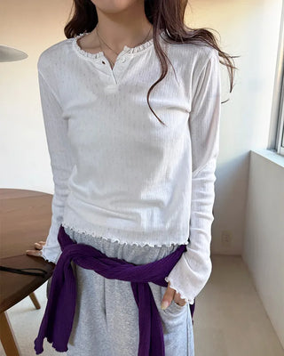 Half-button frill ribbed long T-shirt