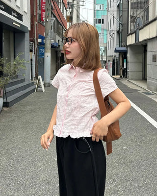 Checked pintuck detail short-sleeved blouse