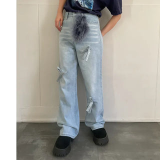 Ribbon denim pants