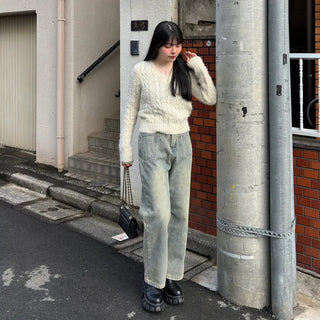 Fleece-lined wide-leg denim pants