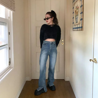 Flared slit denim pants