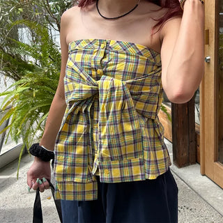 Checked Ribbon Shirt Tube Top
