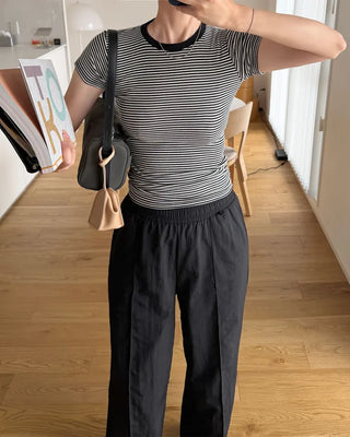 Ribbed Border Slim Short-Sleeve T-Shirt