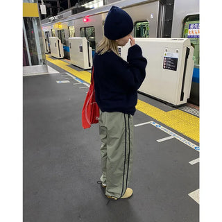 Unisex two-tone wide-leg elastic waist pants