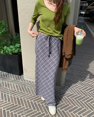 Checked drawstring long skirt