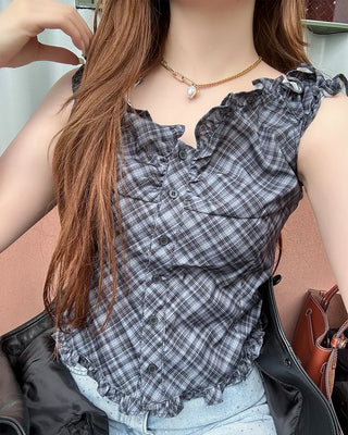Checked Shirred Short Sleeve Blouse