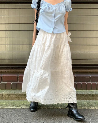 Perforated lace long skirt