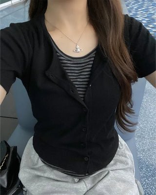 Striped layered short-sleeved cardigan